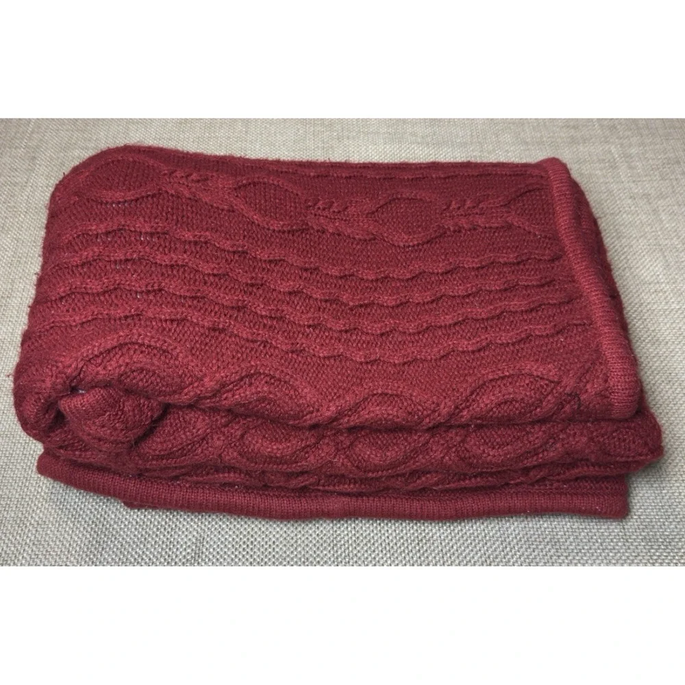 LL Bean Throw Blanket Chunky‎ Cable Knit Fisherman Red Soft Sherpa Reversible